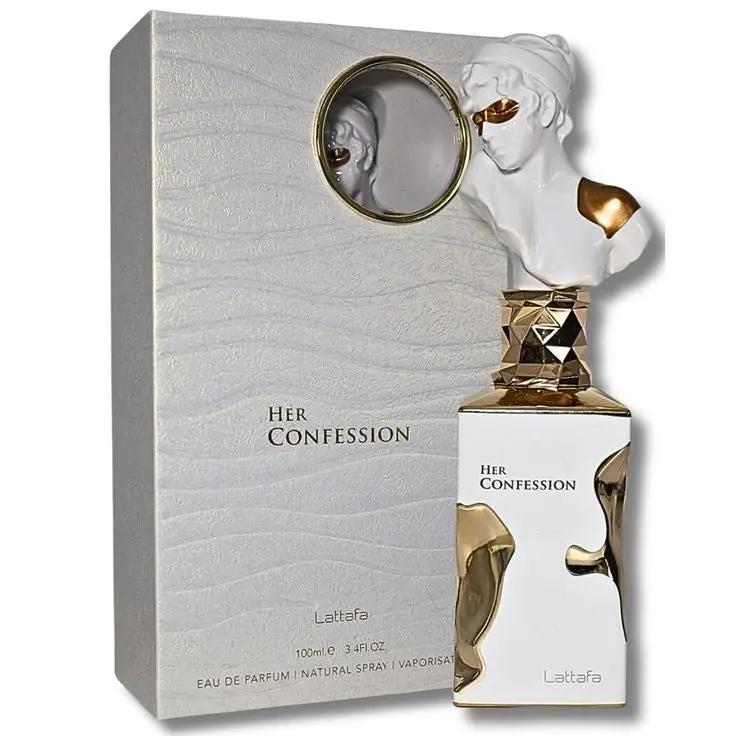 A white and gold abstract female bust-shaped bottle of Lattafa HER CONFESSION by Royal Oud Perfumes sits next to its box, which has a circular cutout framing the unique perfume design and displays the Eau de Parfum name.