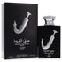 A sleek black 100ml box and bottle labeled Lattafa ISHQ AL SHUYUKH SILVER by Royal Oud Perfumes, featuring a silver dagger motif, Arabic script, metallic silver cap, and unisex fragrance.