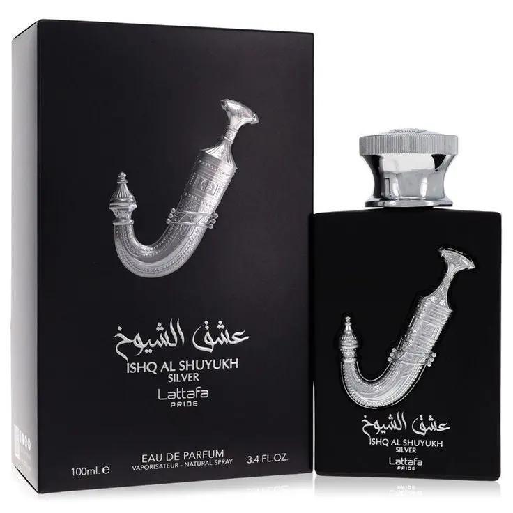 A sleek black 100ml box and bottle labeled Lattafa ISHQ AL SHUYUKH SILVER by Royal Oud Perfumes, featuring a silver dagger motif, Arabic script, metallic silver cap, and unisex fragrance.