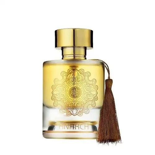 ANARCH Maison Alhambra by Royal Oud Perfumes features a clear glass bottle with ornate gold accents, a brown tassel on the neck, golden yellow perfume, and the name ANARCH displayed at the bottom.