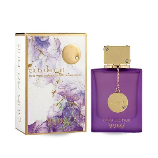 A bottle of Royal Oud Perfumes Club de nuit MALEKA, featuring a gold cap and chain, sits beside its decorative box with purple and gold marble patterns and gold text, reflecting its sofisticado aroma dulce.