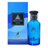 A blue bottle of Maison Alhambra JEAN LOWE AZURE by Royal Oud Perfumes stands beside its matching blue and black box, both adorned with a silver tree logo and showcasing an elegant, minimalist design.